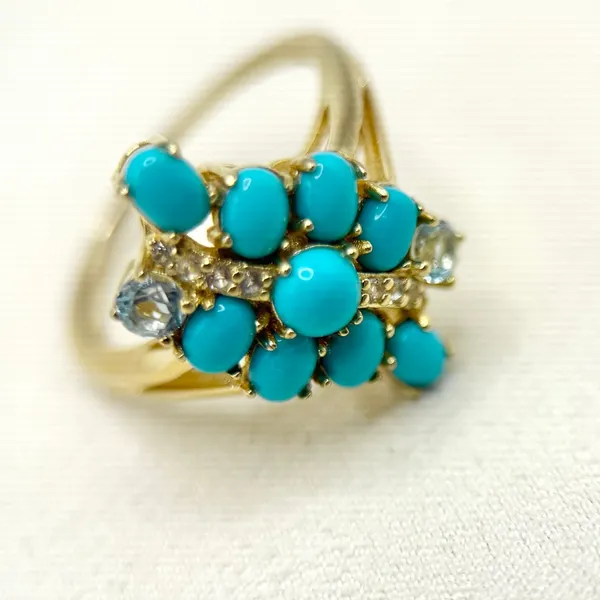Sleeping Beauty Turquoise White Sky Blue Topaz 18k Yellow Gold Over Silver Ring - Image 6