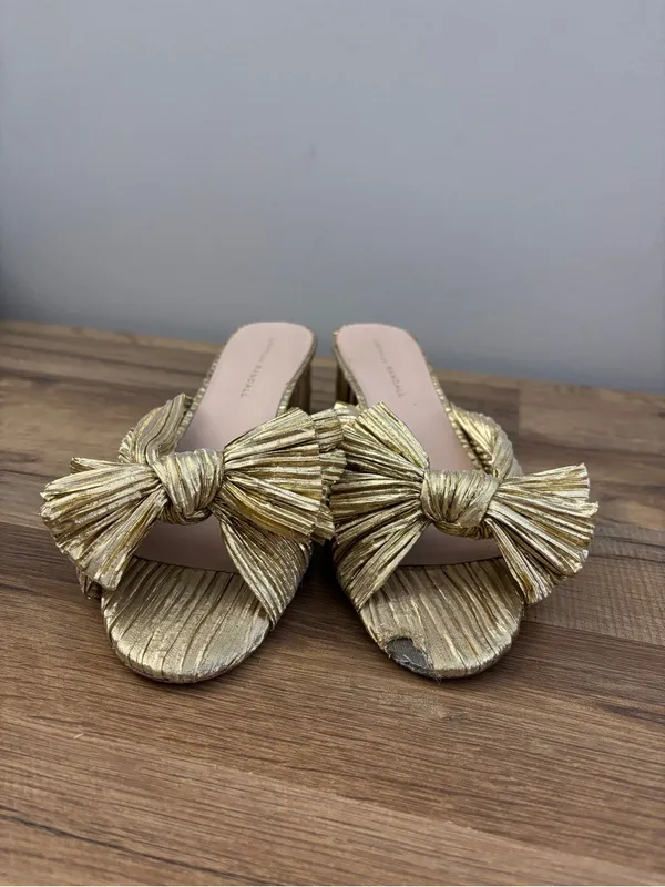 Loeffler Randall Penny Pleated Knotted Bow Heeled Mules Sandals Gold - Image 3
