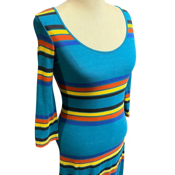Hive & Honey‎ XS 3/4 Maxi Dress Teal Multicolor Striped Bodycon Boho Retro 70s - Image 2