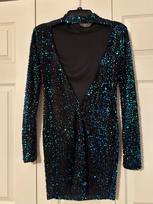 Black Iridescent Sequin Long Sleeve Open Back Dress - Image 2