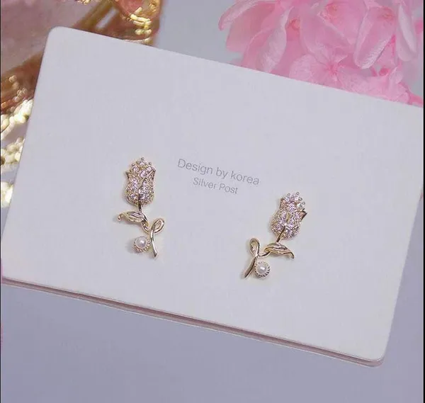 Women's Rose Flower Gold Stud Earrings - Image 4
