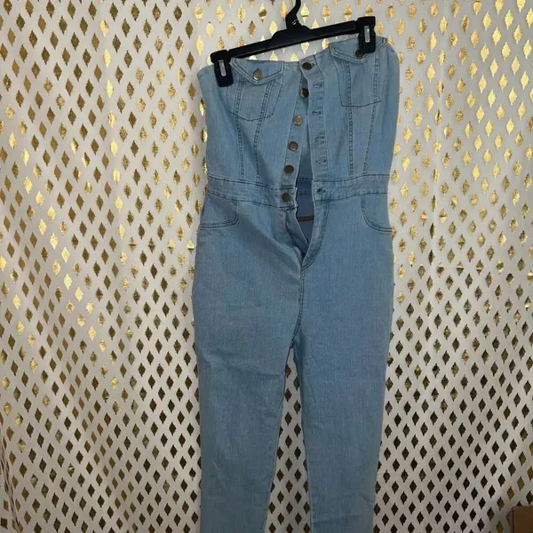 Blashe Denim jumpsuit romper broken zipper tube top skinny jeans size L - Image 3