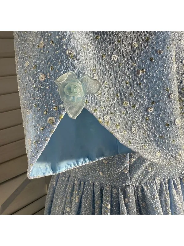 Vintage Beaded Floral Appliqués Peasant Dress Blue XL - Image 7