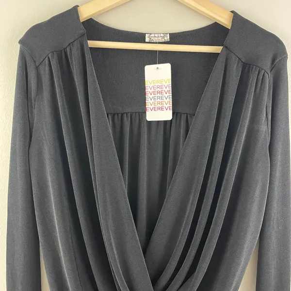 Free People Black Plunging V Neck Faux Wrap Long Sleeve Turnt Bodysuit NEW - Image 5