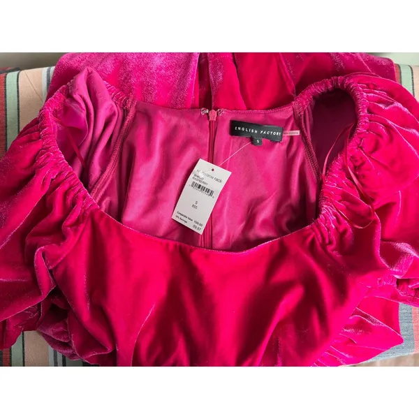English Factory NWT Fuchsia Pink Velvet Puff Sleeve Mini Dress Small - Image 7
