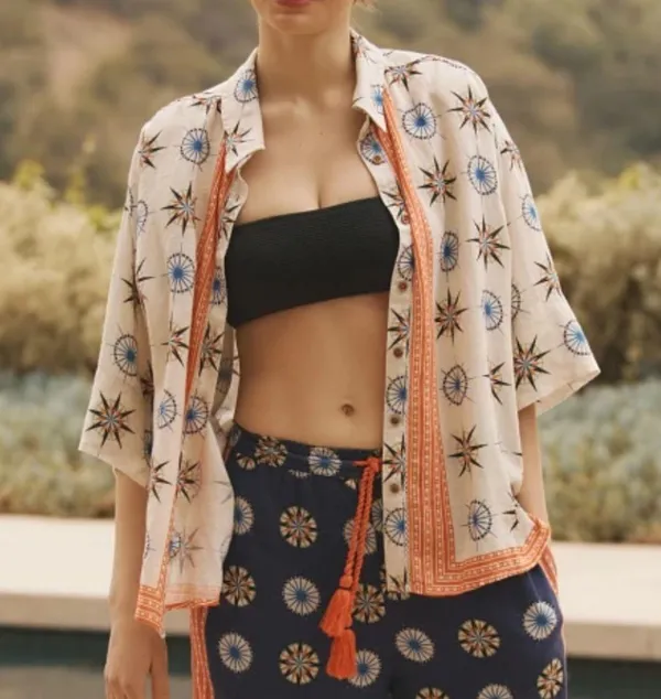 By Anthropologie Linen Blend Top MEDIUM Oversized Bohemian Button Printed Hippie - Image 3