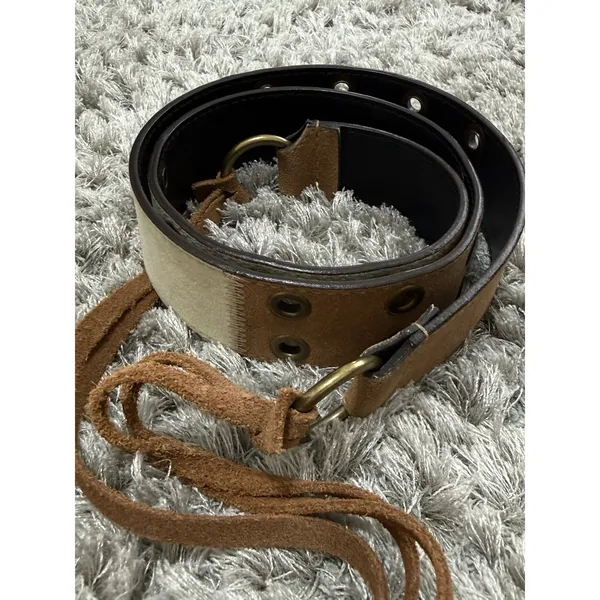 Boho Fringe Brown Leather Belt Womens XL O Ring Tie Waist Western Festival - Image 2