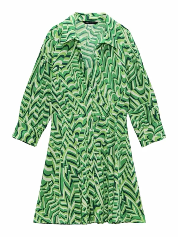 ZARA Printed Shirt Dress Green Mini Dress Size Large - Image 2