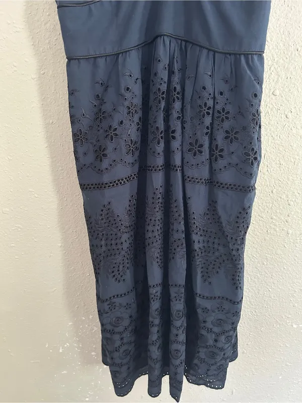 Cynthia Steffe Navy Eyelet Midi Dress with Crochet Trim Formal Wedding Guest 2 - Image 6
