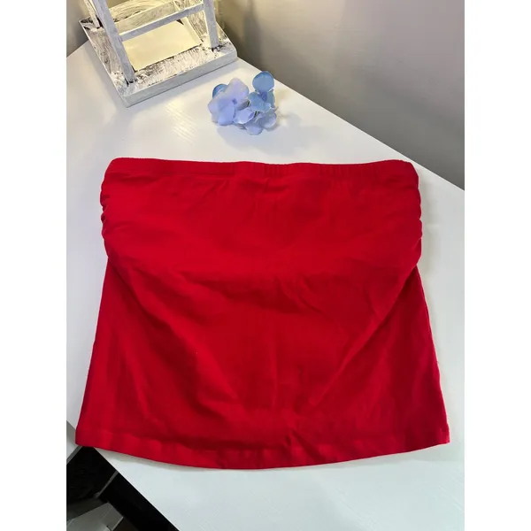 Y2K HATOPANTS‎ Red Ruched Tube Top Strapless Cotton Spandex XL Womens - Image 4