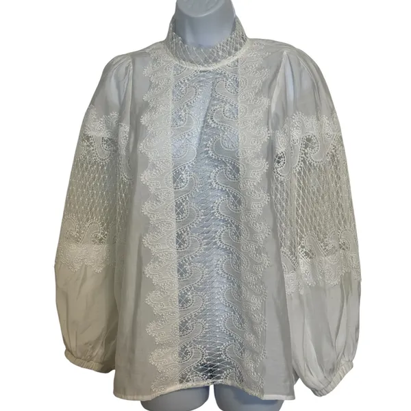 GRACIA Pure‎ White Lace Balloon Sleeve Mock Neck Victorian Blouse Top EUC Size M - Image 2