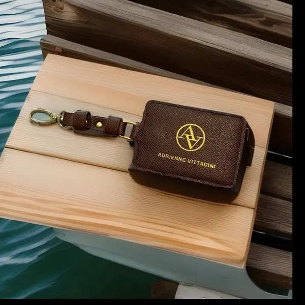 Adrienne Vittadini Brown luggage tag ID holder brown leather gold tone Logo - Image 2
