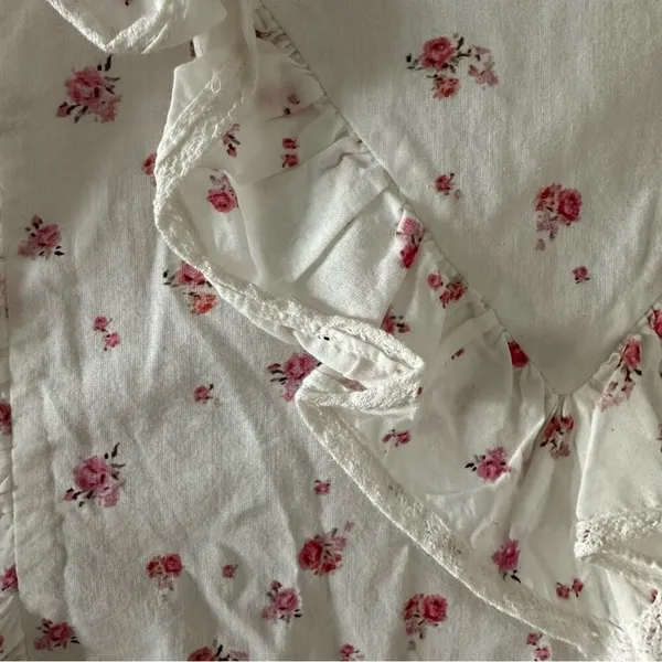LoveShackFancy Cream & Pink Floral Print Ruffle Blouse - Image 5