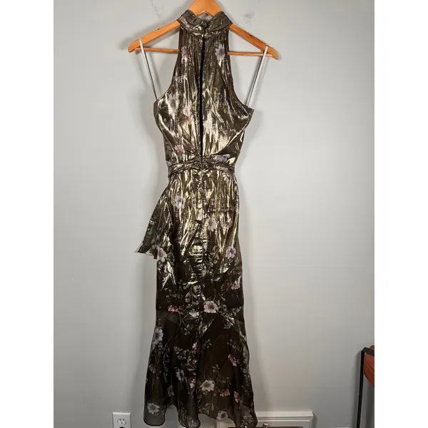 ML Monique‎ Lhuillier Dress Womens 0 Metallic Floral Silk Halter Midi 4412419 - Image 5