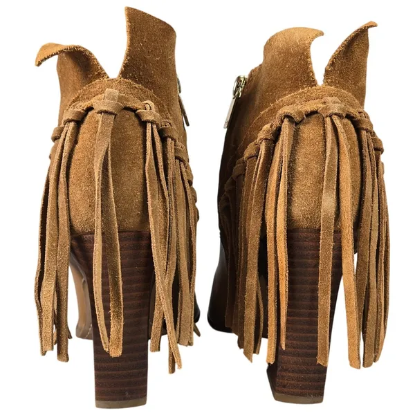 Marc Fisher Tan Leather Suede Fringe Peep Toe Ankle Boots Brown‎ Wood Heel 9 - Image 3