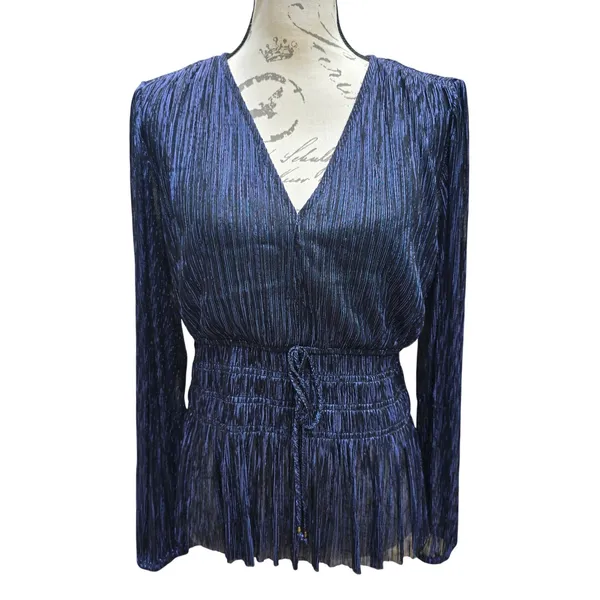 White House Black Market Navy Blue Metallic‎ Pleated Smocked Peplum Blouse Small - Image 3