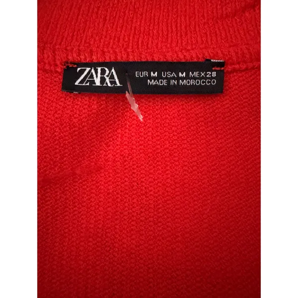 Zara Womens Red V-Neck Ribbed Knit Sweater Gold Filigree Button Cuff Size Medium - Image 7