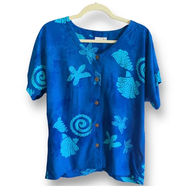 Blue Batik Tropical Shell Starfish Rayon Button Front Top Coastal Nautical Beach - Image 6