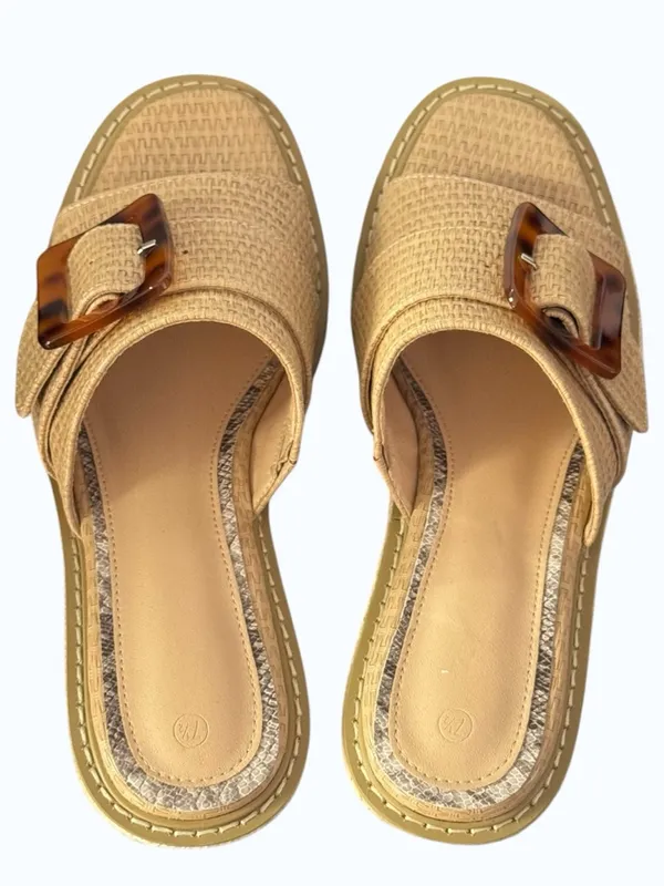 Chunky Wedge Raffia Espadrille Platform Slide Sandals With Tortoiseshell Buckle - Image 9