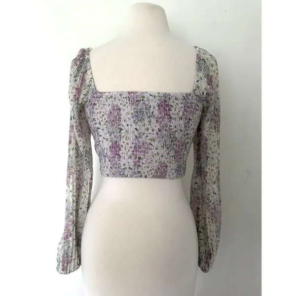 ASTR The Label Bonnie Floral Plisse Coquette Fairy Smocked Crop Blouse Top Sz XS - Image 3