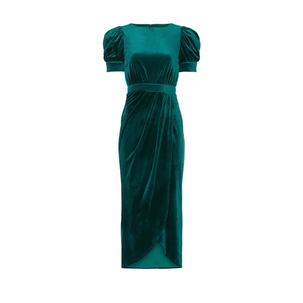 Yumi Kim Tamra Green Velvet Puff Sleeve Faux Wrap Midi Cocktail Dress Size Small - Image 5
