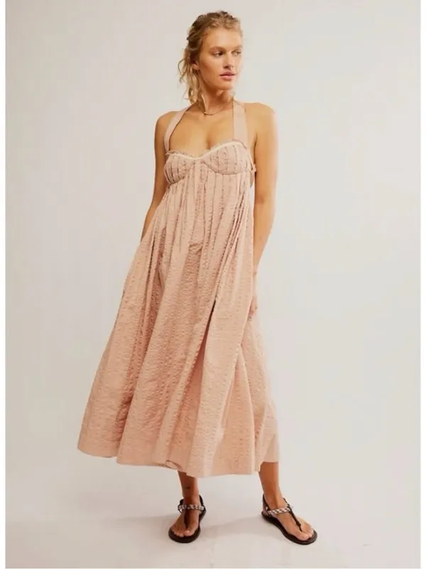 Free People Bohemian Beachy Seersucker Poppy Midi Dress Sundress Blush Large - Image 3