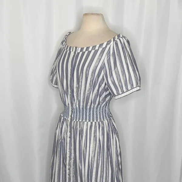 Anthropologie SEEN WORN KEPT Jenna Lurex Stripe Dress Blue White‎ Midi Size 12 - Image 7