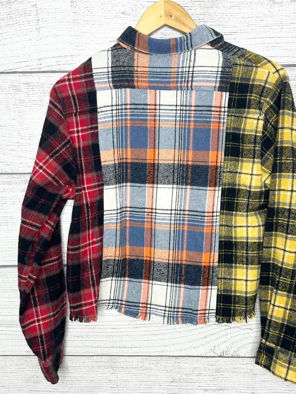 Jolie & Joy Patchwork Plaid Cut Off Button Up Shirt Jacket Shacket Size Large Yellow - Image 8