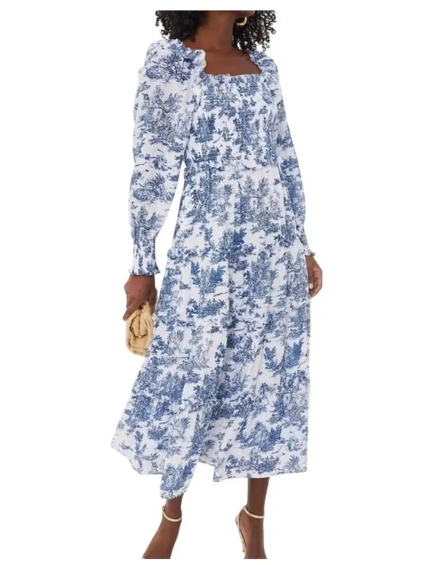 Hyacinth House Long Sleeve Georgina Midi Dress in Blue Toile XXSmall New Womens - Image 3