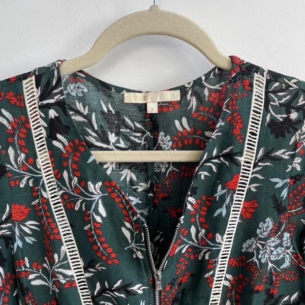 Maje Rubik‎ Imprime Floral Dress Womens 2 Small Green Red Boho Lace Trim V-Neck - Image 4