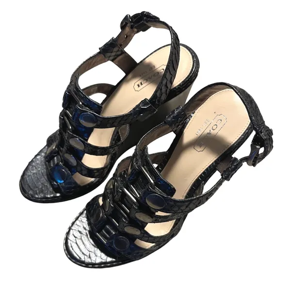 Coach Mallory Wedge Sandal Womens 6.5 Black Metallic Snakeskin Studded Gladiator - Image 5