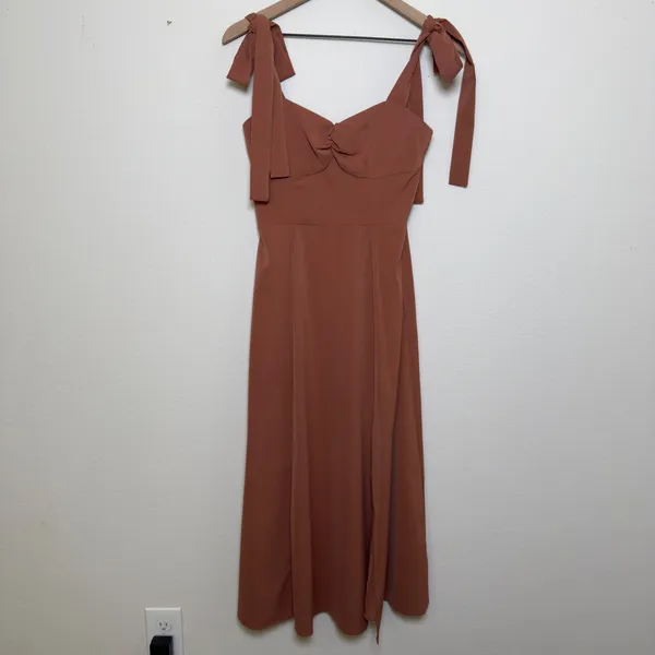 Cider Women Corset Midi Dress XS Brown Tie Shoulder‎ Ruched Sweetheart Feminine - Image 2