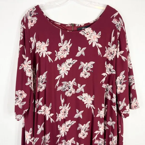 Ellos Plus Size‎ 22 Dress Shift Maroon Floral Shift Mini Lined Back Zip 1514 - Image 3