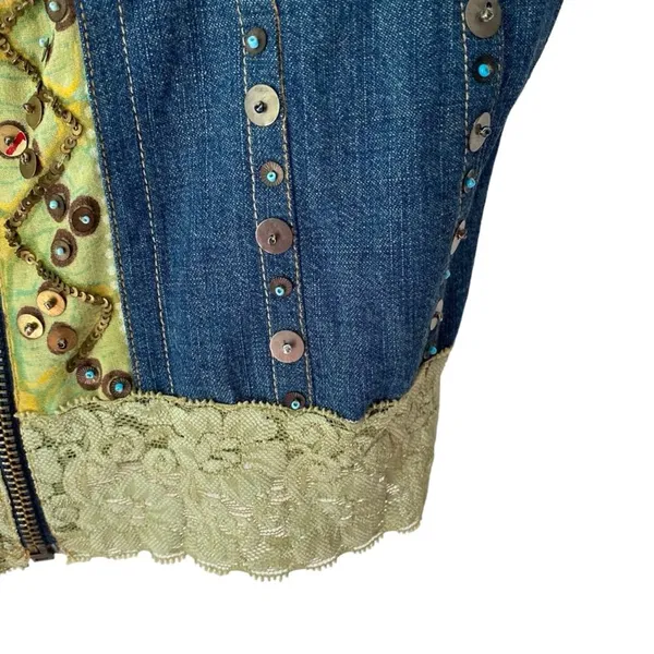 Aseesa Bohemian Festival Denim Jean Top Embellished Beaded Lace size large - Image 3