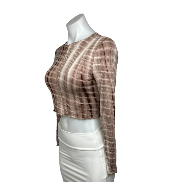 Shein Brown Tan Tie Dye Print Lettuce Trim Crew Neck Long Sleeve Crop Top Size S - Image 2