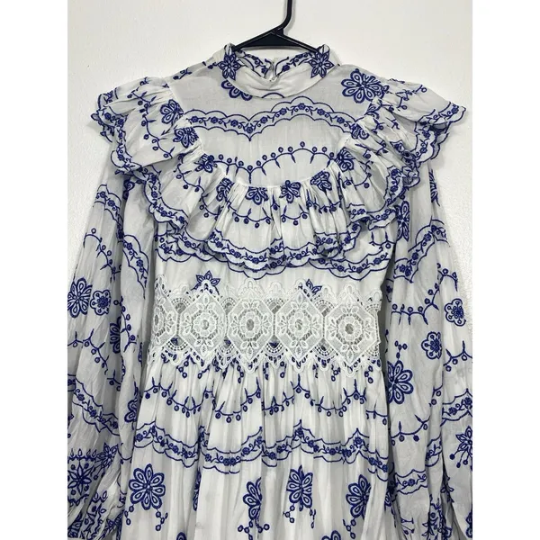 ASOS EDITION White Blue Embroidered Maxi Dress Lace Long Sleeve US 2 . - Image 4
