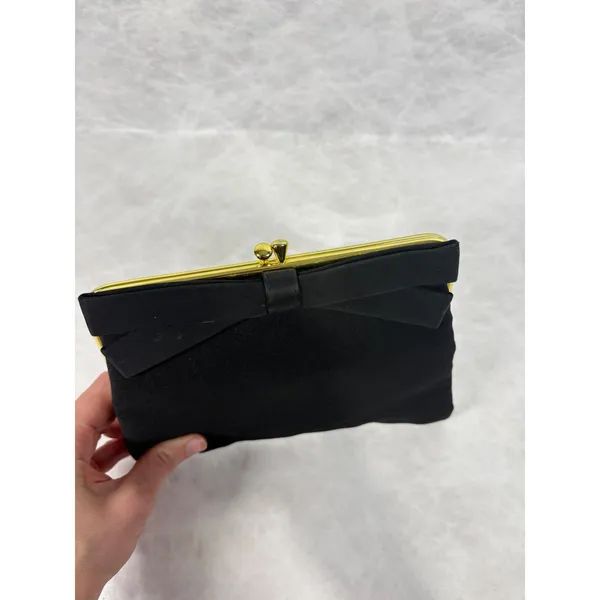 Vintage Black Fabric‎ Bow Clutch Bag Gold Tone Frame Kiss Lock Evening Purse - Image 2
