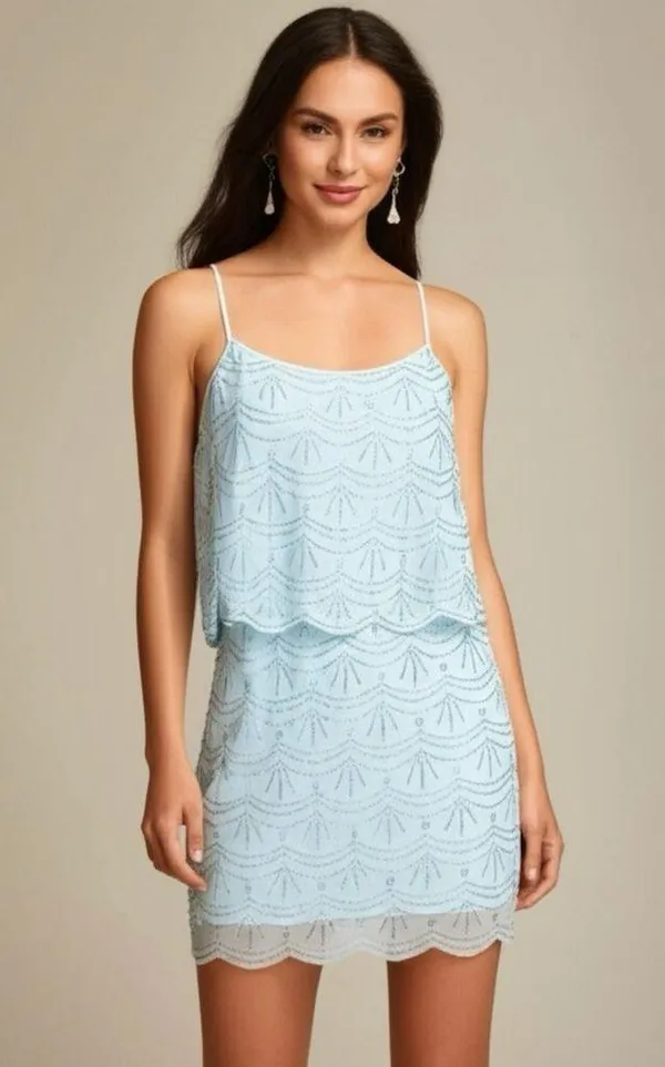 Xscape Rhinestone Beaded Tiered Formal Mini Dress Light Aqua Prom Homecoming 2 - Image 2