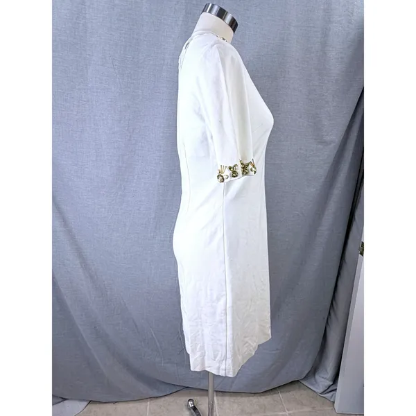 Eliza J‎ Ivory Jewel Embellished Shift Dress Gold Beaded Neckline Size 8 - Image 6