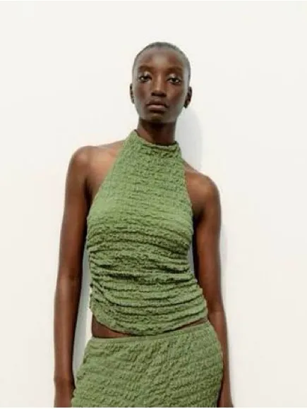 Zara Olive Green Textured Halter & Pant Set - Image 2