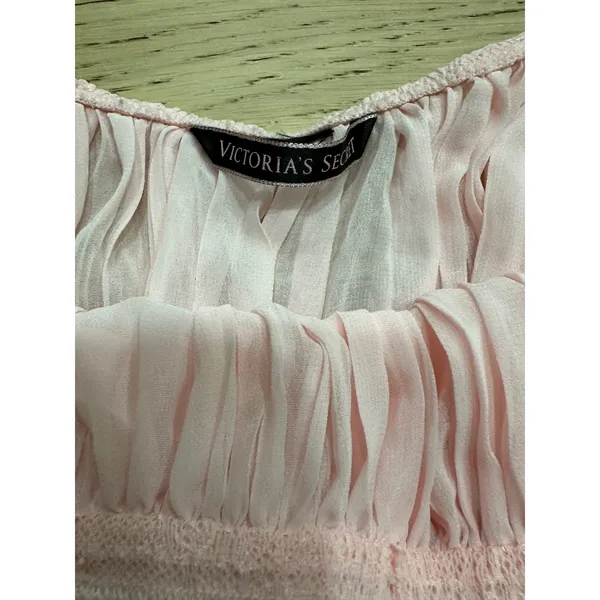 VTG Victoria's Secret Baby Pink Pleated‎ Chiffon & Lace Halter Babydoll - Image 3