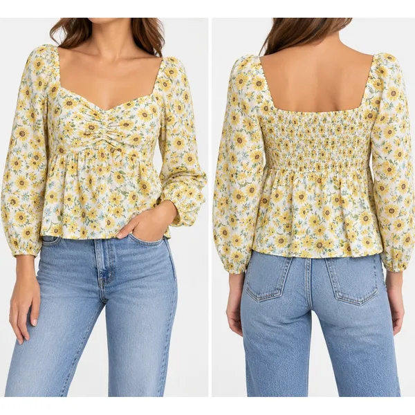 Old Navy Floral Peplum Blouse M Yellow Ditsy Cottagecore Puff Sleeve - Image 2