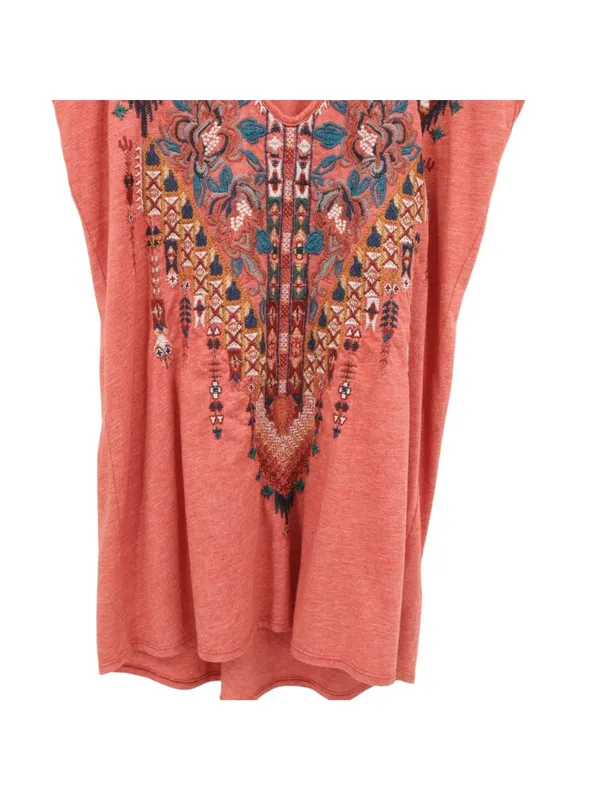 Johnny Was Embroidered Terracotta Cap Sleeve V-Neck Tee Shirt Top S - Image 4