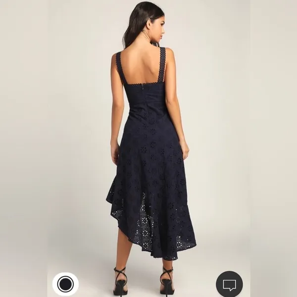 Lulus Navy Blue Holiday Sleeveless Trimmed Embroidered‎ Asymmetric Dress Sz M - Image 5
