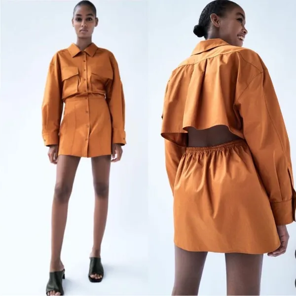 Zara Shirt Dress Small Orange Utility Poplin Cargo Open Back Blogger Fave - Image 2