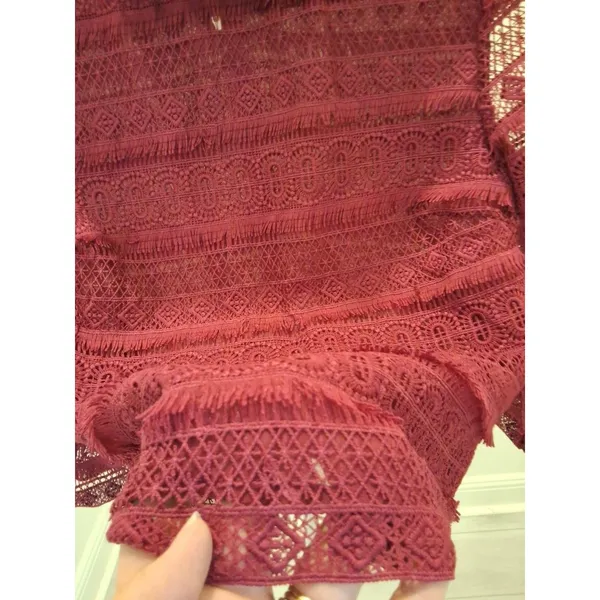 INA Sheer Lace Victorian Ruffle Mock Neck Blouse Top XS Women Maroon - Image 3