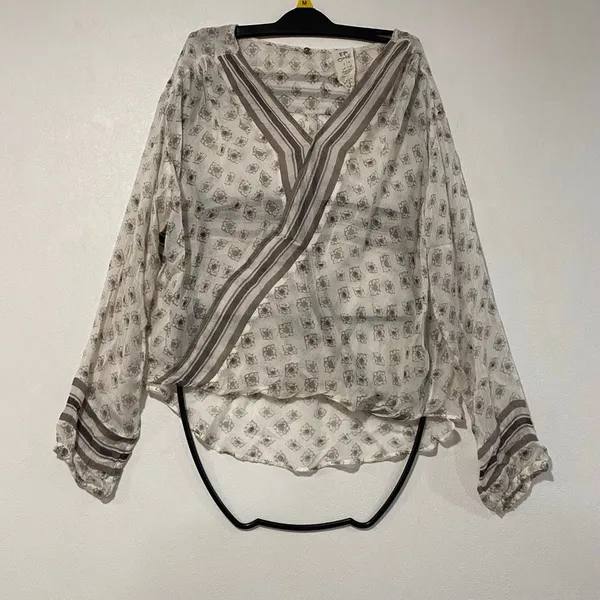 FP One Free People S Sheer Boho Wrap Blouse Ivory Gray Balloon Sleeve - Image 2