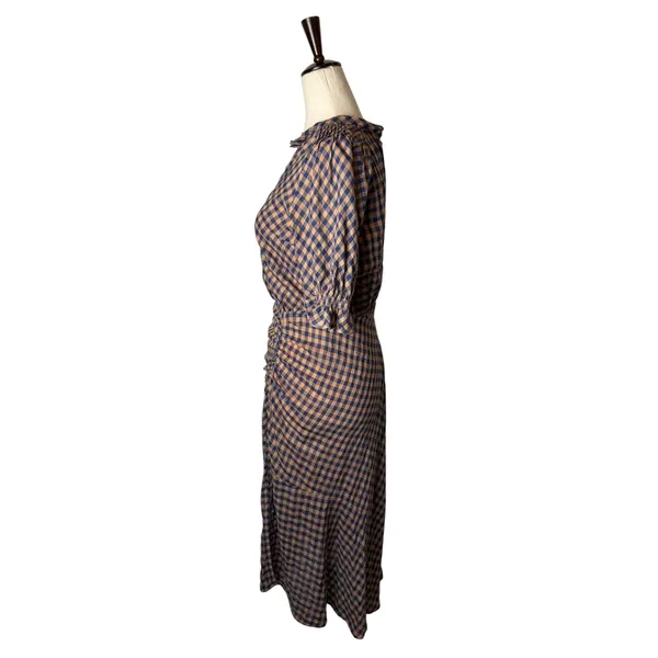 MINE Gingham Midi Dress Women Small Orange Blue Ruched Puff Sleeve Preppy Retro - Image 5
