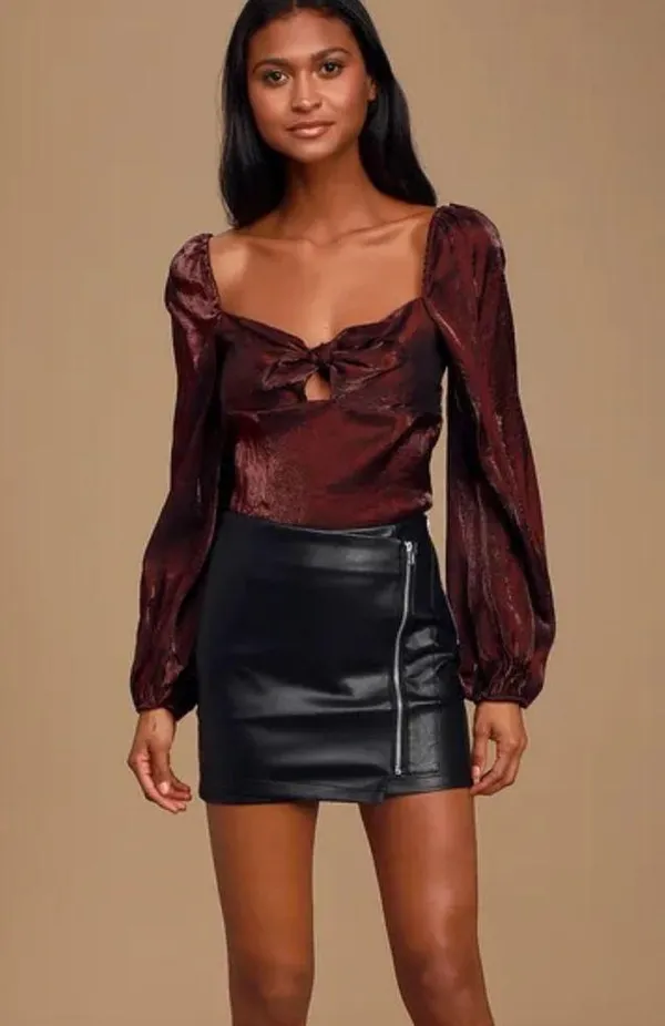 Lulus Chic Perspective Wine Red Satin Tie-Front Puff Sleeve Top - Image 2