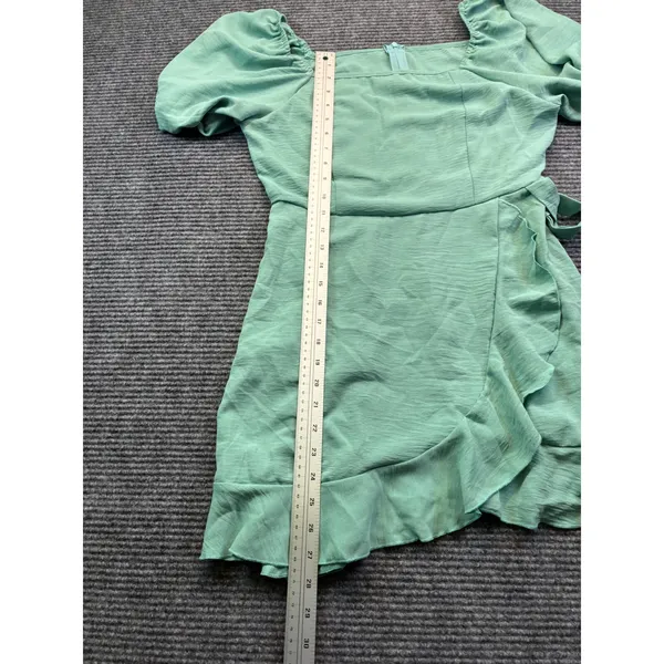 Mint Green Puff Sleeve Ruffle Mini Dress Square Neck Wrap Tie Side‎ Split Large - Image 6